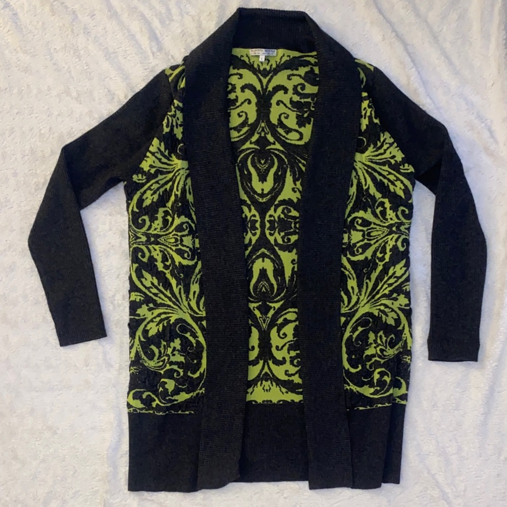 Alberto Makali Black and Lime Green Women's Longline Cardigan Sweater